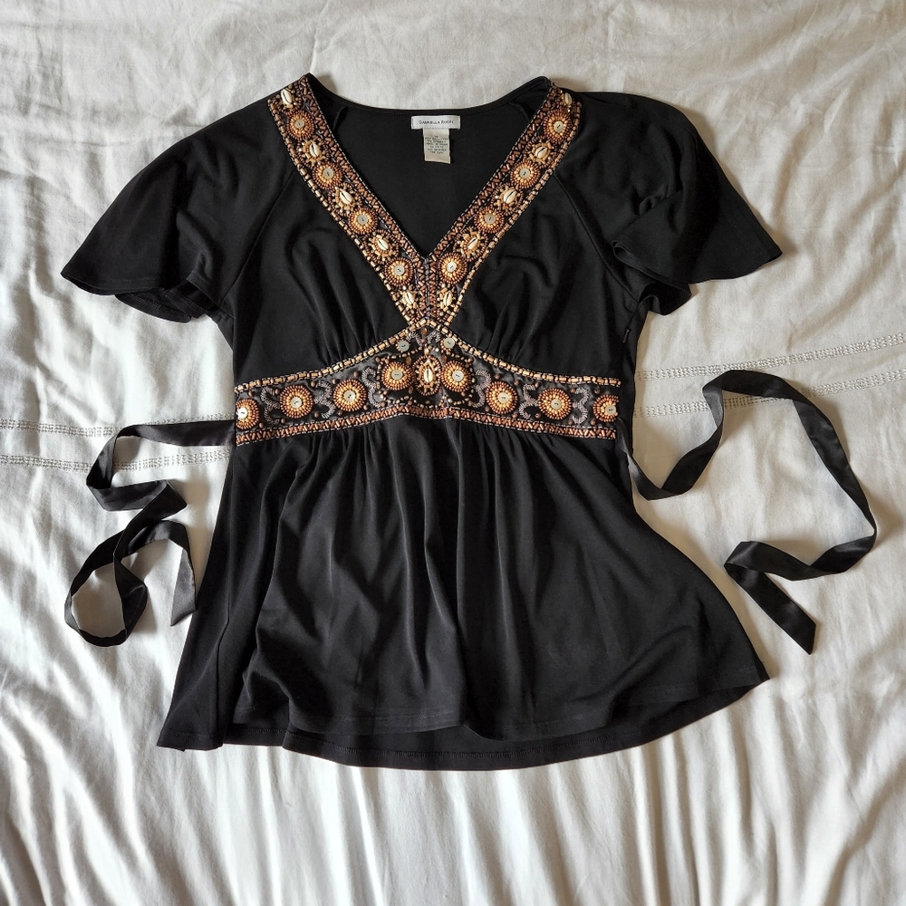 Black shell embroidery boho empire shirt with bow by Gabriella Rossi Size M 8